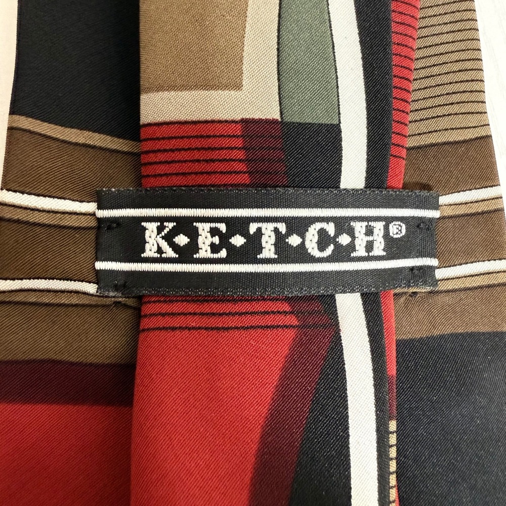 Ketch Mens Geometric Abstract Necktie Burgundy Brown Black Made in USA RN 22356 - Picture 4 of 8